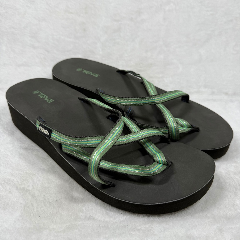 Teva Mush Mandalyn Wedge Ola Sandals Black Green Striped Platform Flip Flops 11
